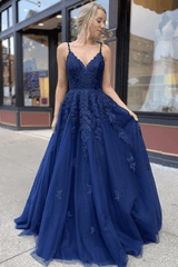 Blue tulle long A line prom dress blue evening dress s51 – Simplepromdress