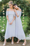 A-Line Off-the-Shoulder Light Blue Pleated Chiffon Bridesmaid Dress with Lace BD056