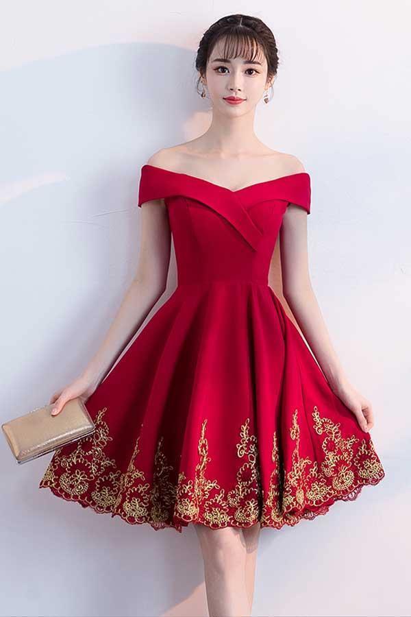 A-line Off The Shoulder Red Homecoming Dresses With Lace Applique ...