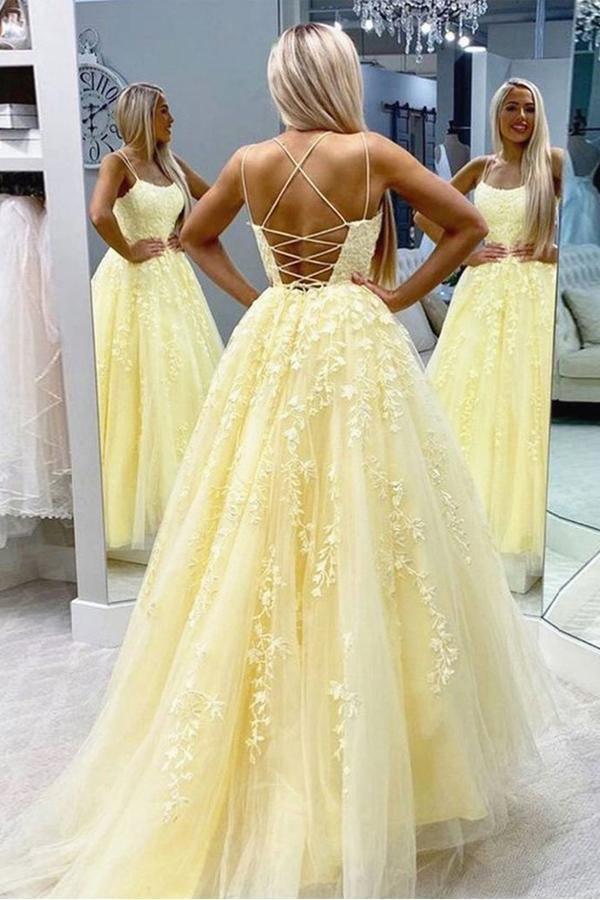 pgmdress A Line V Neck Light Blue Lace Tulle Prom Dresses Evening Dresses US10 / Yellow