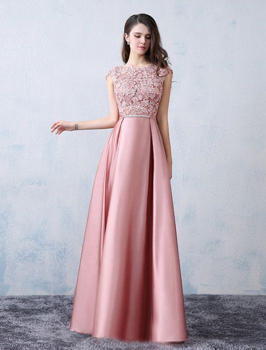 A-line Scoop Pink Satin Applique Modest Prom Dress Evening Dress – Pgmdress