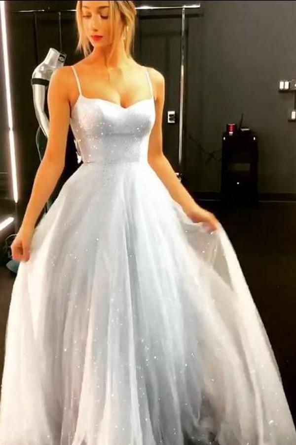 A-line Sky Blue Sparkly Backless Dress Floor Length Prom Dresses PSK074 ...