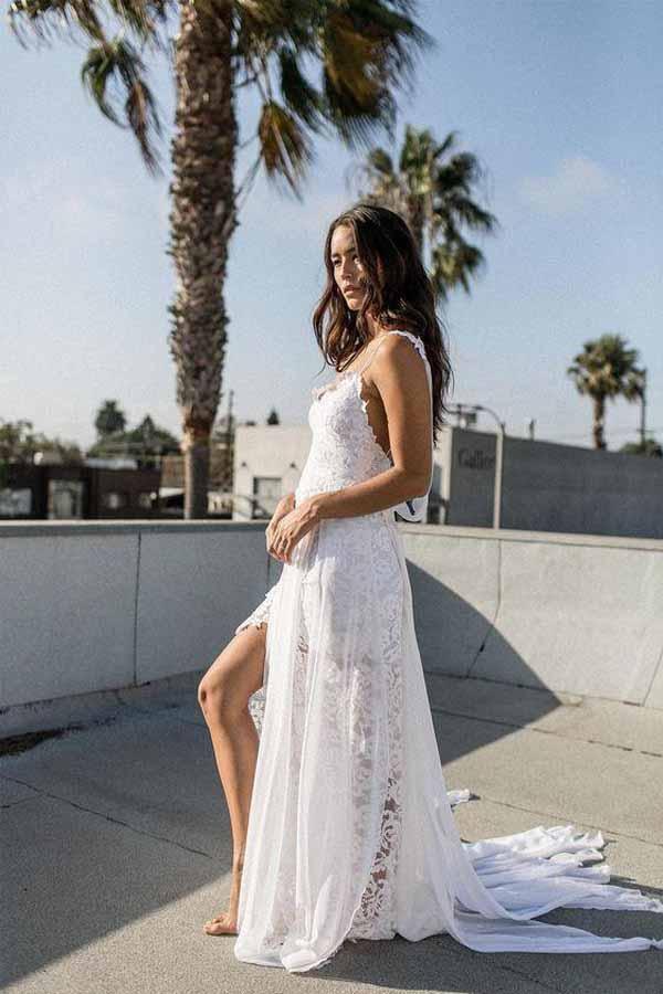 A Line Spaghetti Straps Backless Lace White Beach Wedding Dresses