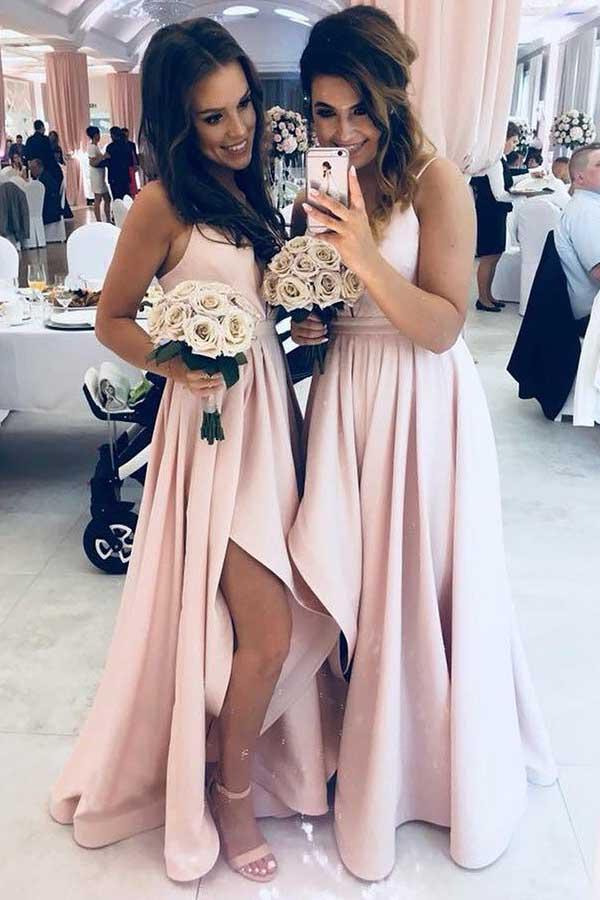 A Line Rose Pink Satin Bridesmaid Dresses Split Wedding Guest Dresses –  MyChicDress