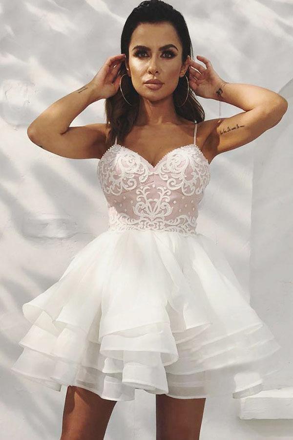 Beautiful White Lace A-line Spaghetti Straps Backless Homecoming Dresses,  MH532