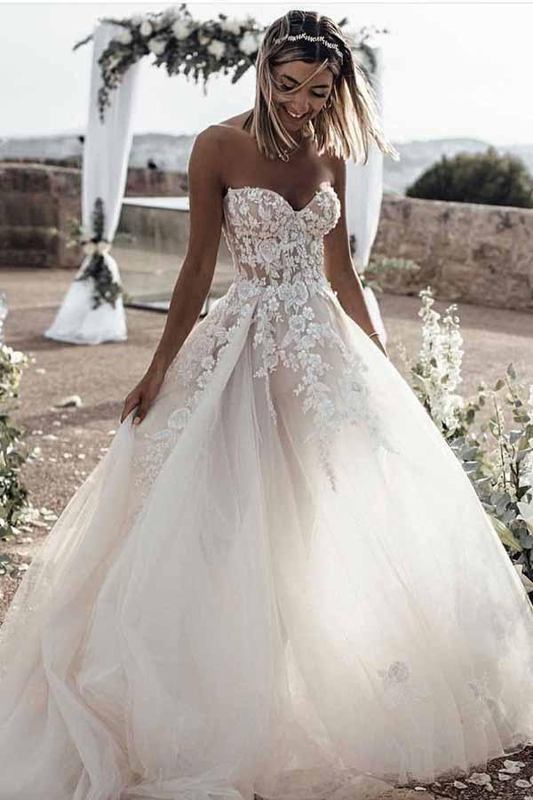 A-Line V-neck Backless Sweep Train Wedding Dress with Appliques