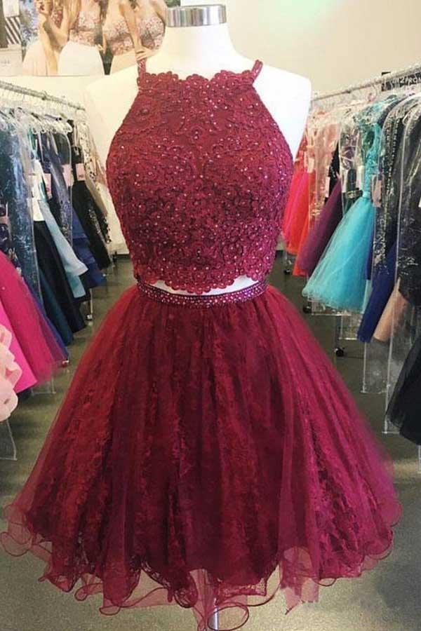 A Line Two Piece Appliques Burgundy Short Homecoming Dresses with ...