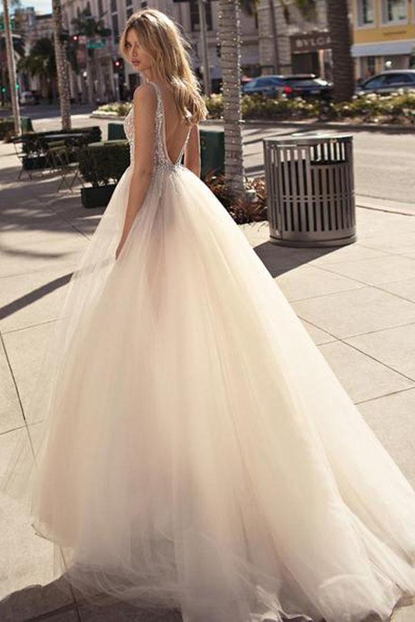 Layered Tulle Skirt Lace V Neck Outdoor Wedding Dresses Bridal