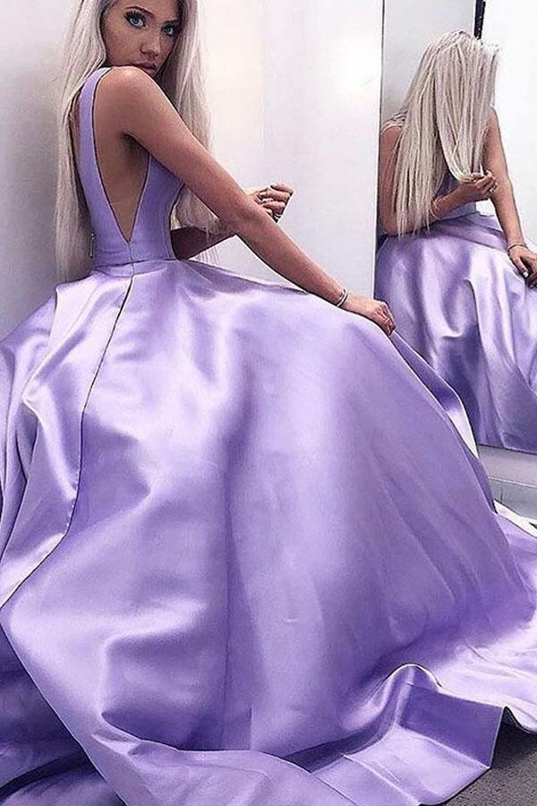 Sparkly A line Lilac Tulle V Neck Long Prom Evening Dress With Sleeveless  PSK253