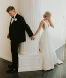 A-line V Neck Ivory Satin Simple Elegant Wedding Dresses-Pgmdress