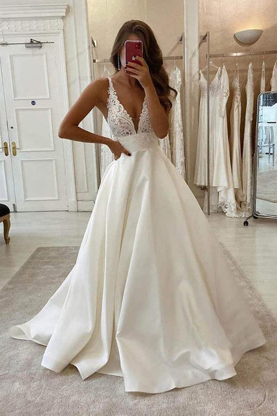 A-Line V-neck Ivory Satin Simple Wedding Dress Backless Bridal