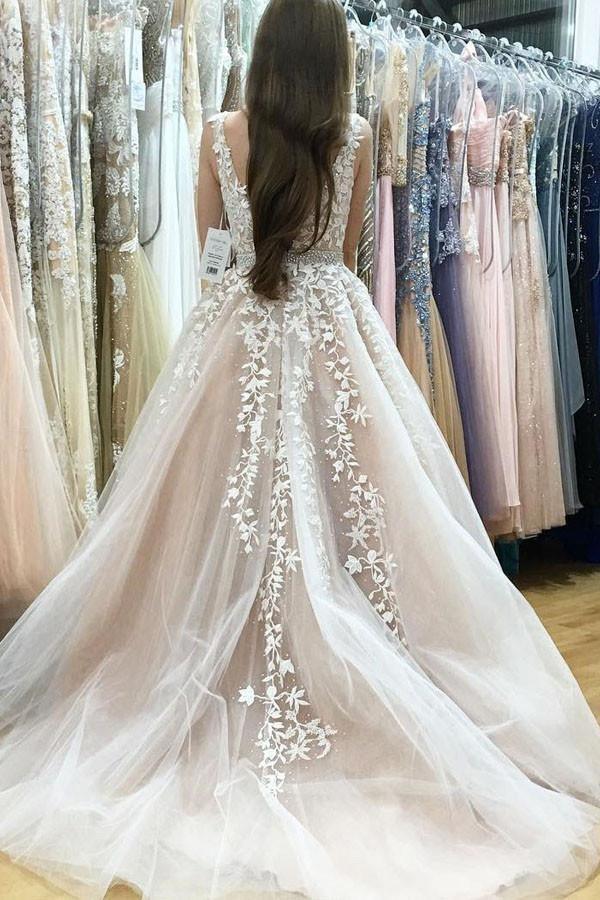 pgmdress Long Sleeves Tulle Wedding Dresses Bridal Gowns with Lace Applique US0 / As Picture
