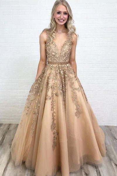 Long Sleeves V Neck Golden Lace Long Prom Dress, Gold Lace Formal  Graduation Evening Dress A1445