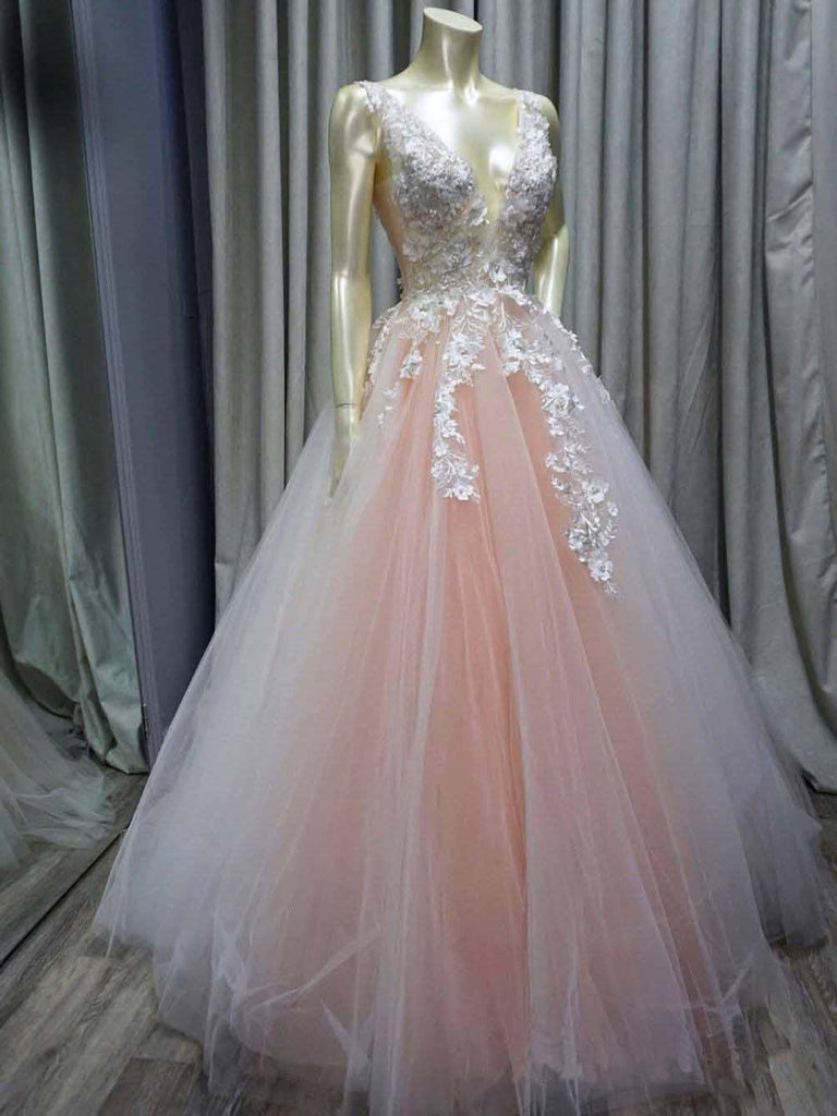 Gorgeous V-neck Pink Lace Applique Tulle Slit Prom Gown - Xdressy