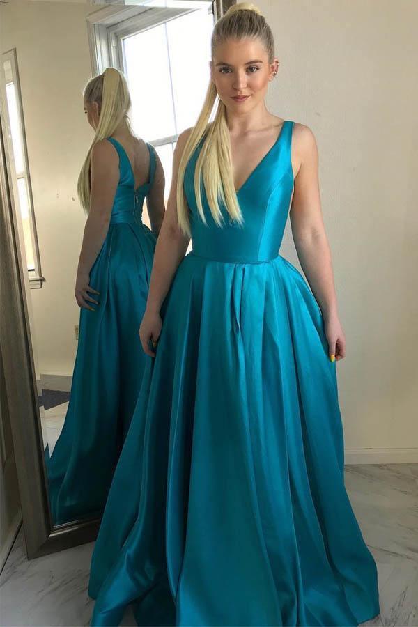 V Neck Open Back Green Satin Long Prom Dresses, V Neck