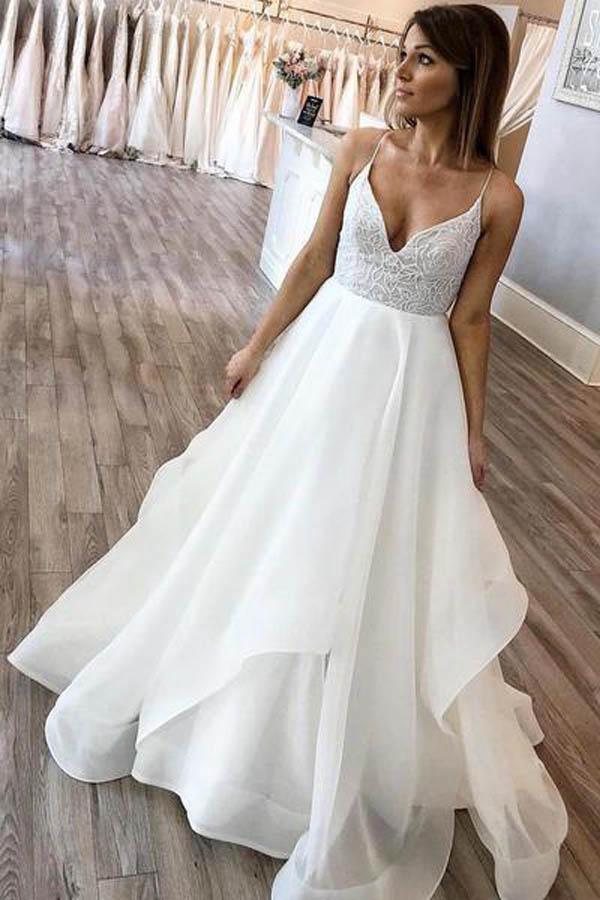 A-Line Halter Sweep Train Ivory Satin Wedding Dress with Lace WD398