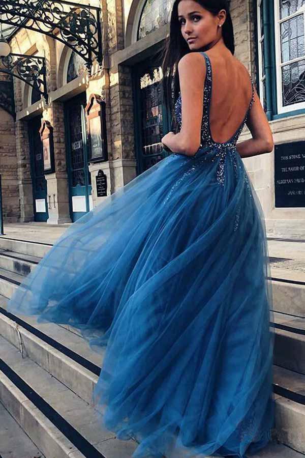 Glitter A Line Navy Blue Prom Dresses Halter Long Evening Gown