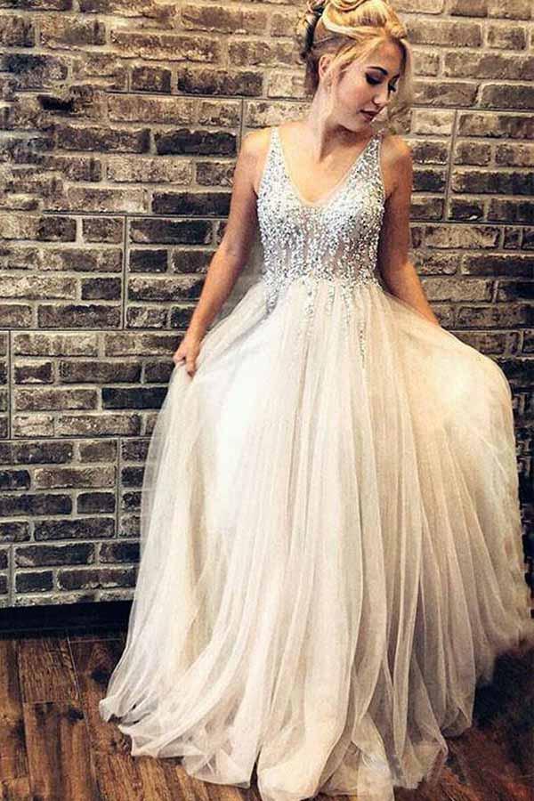 Rruffled Sparkly Tulle Prom Dresses Plunging V-Neck Lace Applique Form –  vigocouture