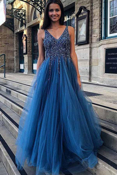 A Line V Neck Hot Pink Tulle Prom Dresses Formal Dresses-Pgmdress