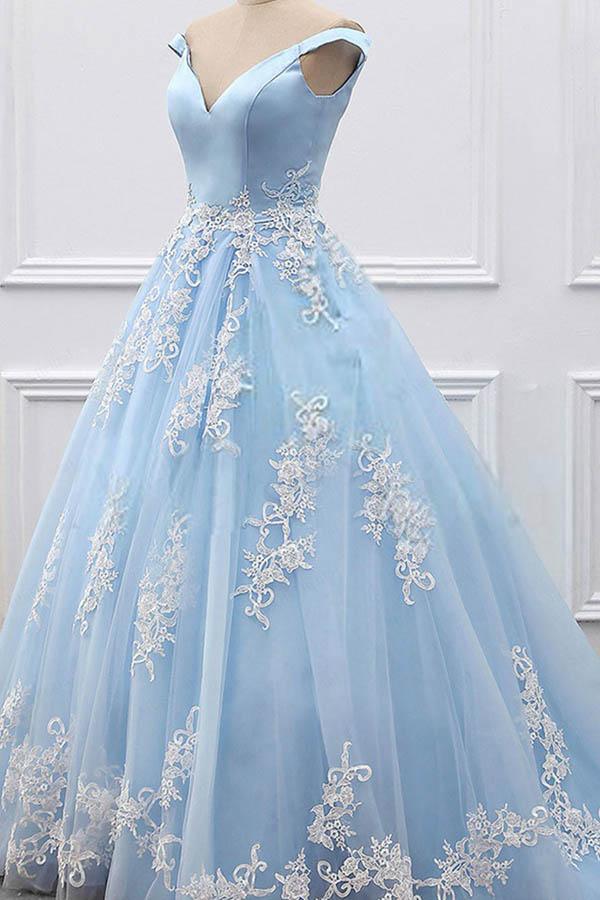 Ball Gown Off-the-Shoulder Court Train Blue Tulle Prom Dress PG483 ...