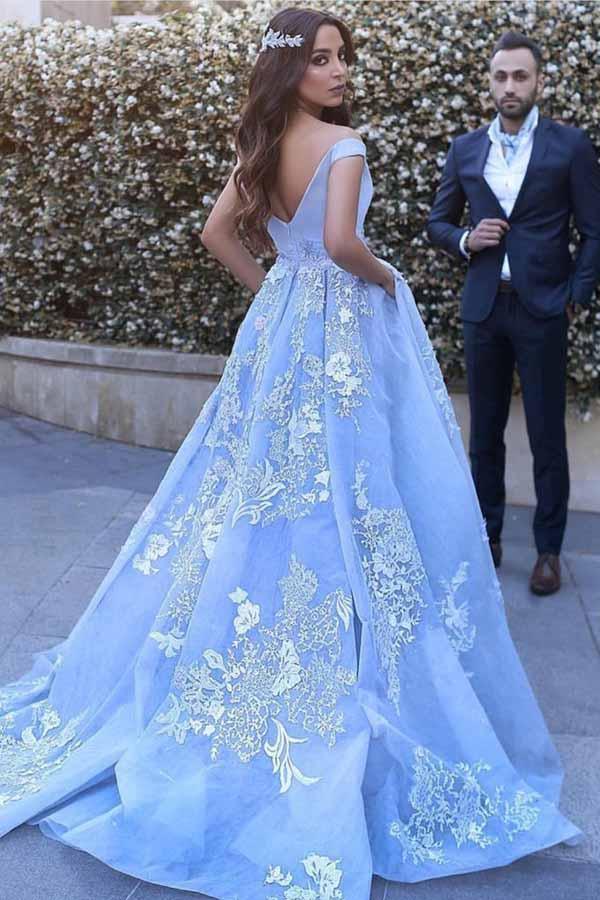 Two Pieces Off Shoulder Short Sleeve Light Blue Lace Prom Dress