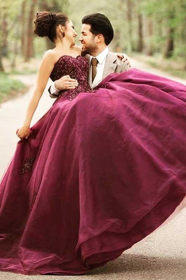 Burgundy store bridal gown