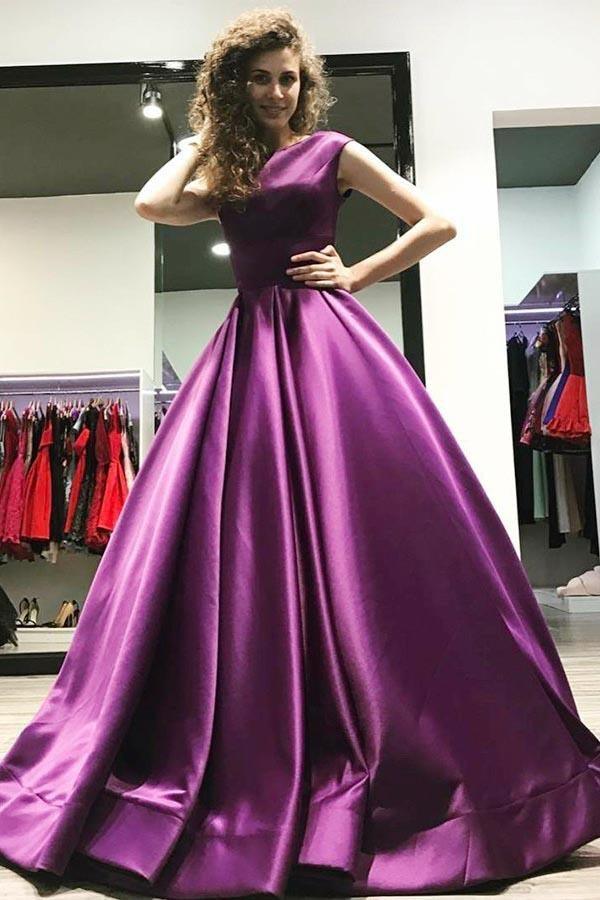 Ball Gown V-Neck Sweep Train Satin Sleeveless Backless Prom Dress – Pgmdress