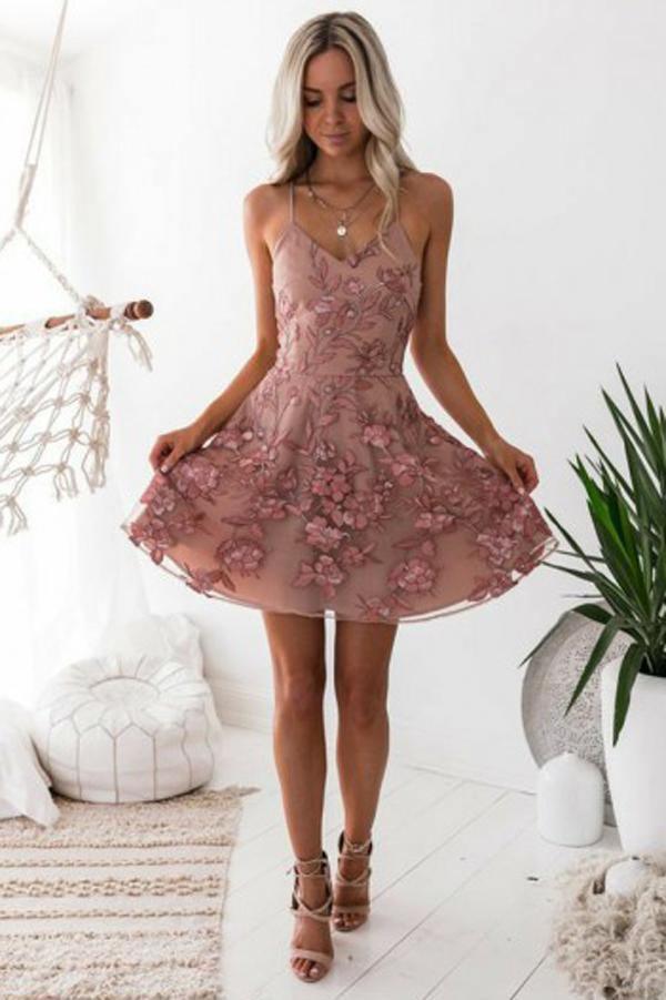 Tie Back Appliqued Sheath Pink Short Prom Dress Homecoming Dress PD327