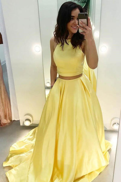 Elegant Straps Two Piece Yellow Long Lace Prom/Formal Dress – Pgmdress