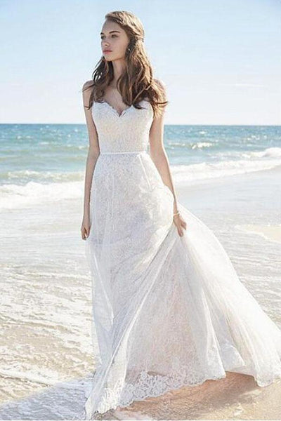 Romantic Spaghetti Straps Floral Lace Beach Wedding Dresses WD591