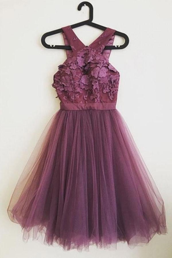 Cute A-line Applique Tulle Purple Homecoming Dresses – Pgmdress