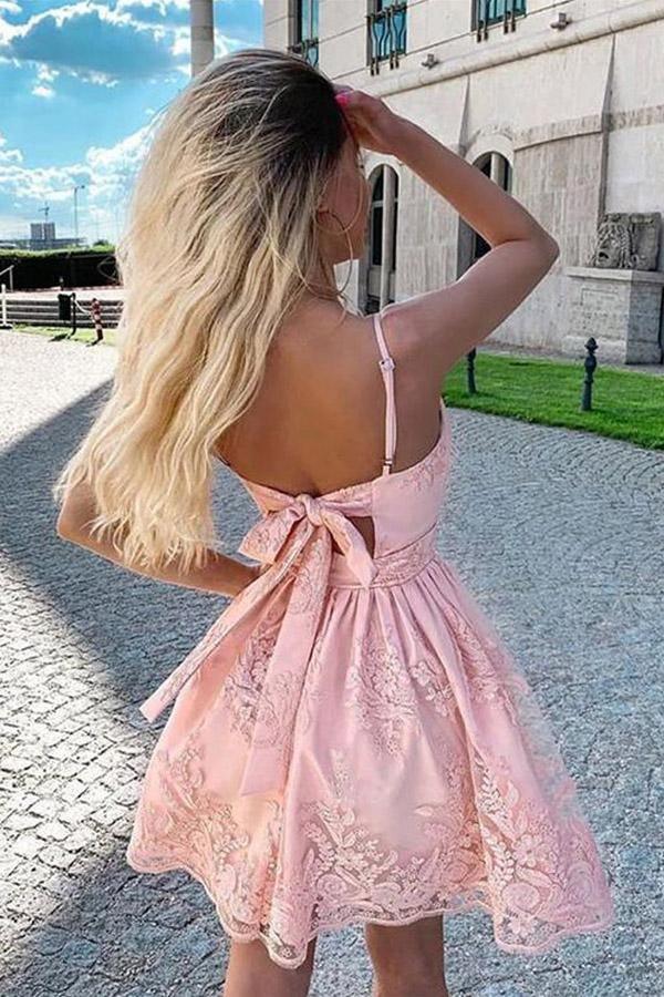 Cute A Line V Neck Spaghetti Straps Blush Pink Lace Homecoming Dresses PD425