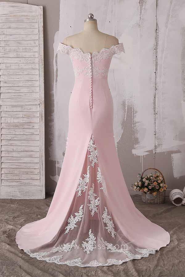 Cute Pink Off The Shoulder Neckline Lace Prom Dresses Bridesmaid Dress Pgmdress