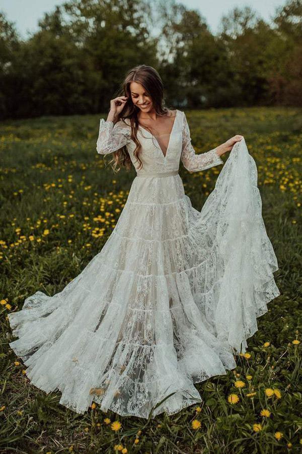 Elegant A-line V Neck Lace Long Sleeves Wedding Dresses WD588 – Pgmdress