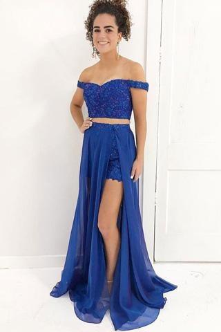 Two Piece Mermaid Blue Prom Dresses Evening Dresses With Beading – Pgmdress