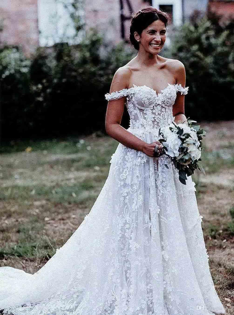 Elegant A-line Off-the-shoulder Tulle Lace Appliques Wedding Dress