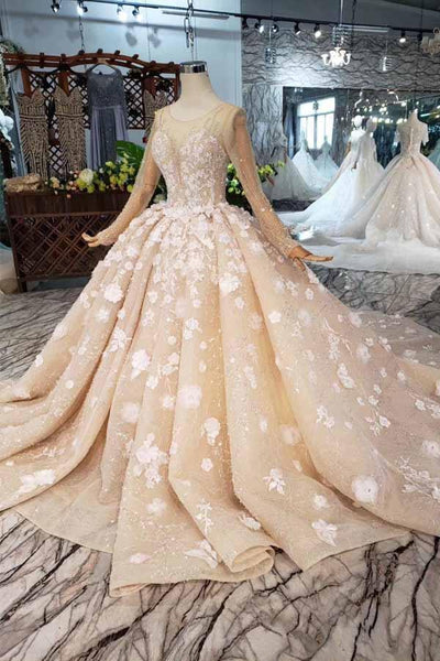 Elegant Long Sleeves Ball Gown Beading Wedding Dress With Flowers Pgmdress