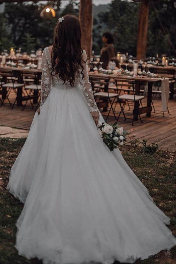 Long Sleeve Ivory Tulle See Through Backless Wedding Dresses WD302