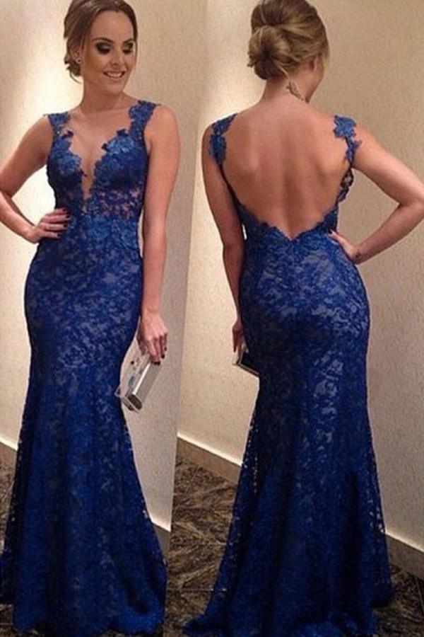 Elegant Mermaid Royal Blue Prom Dress Evening Gowns With Lace Appliques