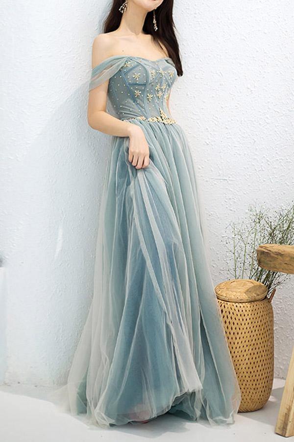 A-line Glamorous Off-the-Shoulder Long Evening Dress With Slit PG416