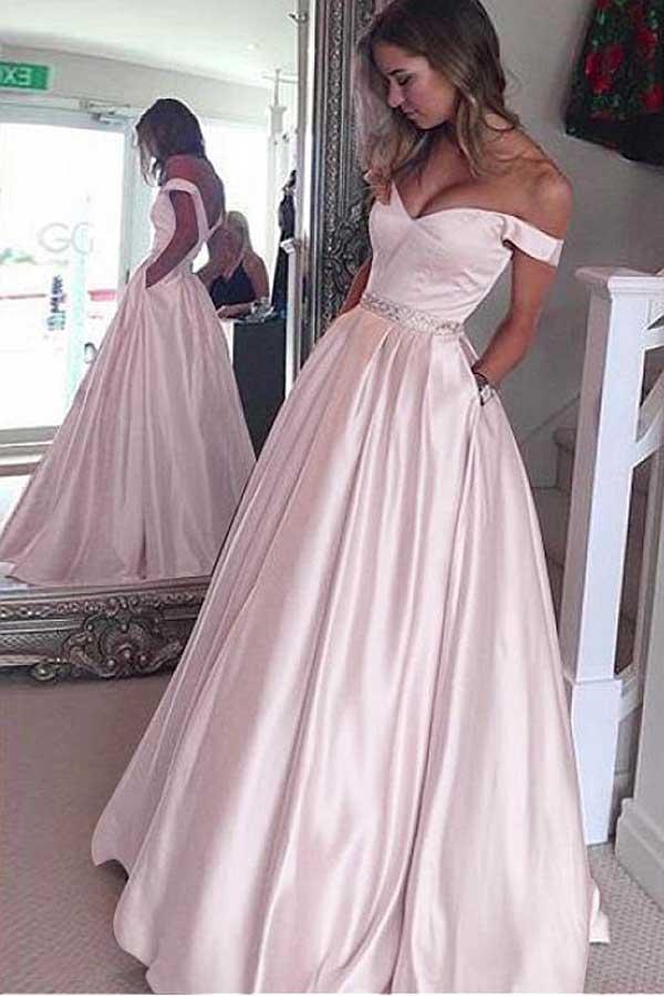Elegant Satin Off-the-shoulder Neckline A-Line Prom Dresses With ...