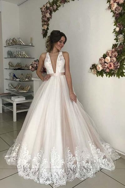 V neck tulle outlet wedding dress