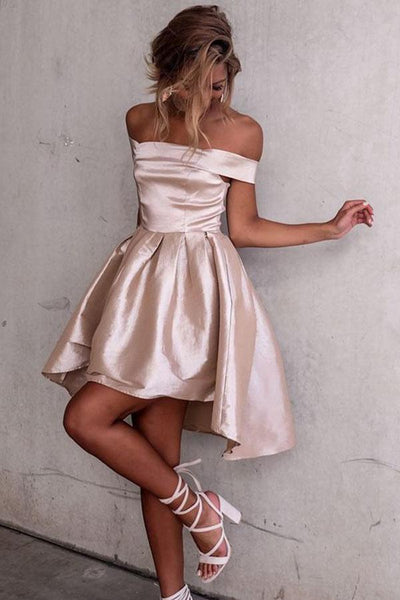 High Low Off-the-Shoulder Pleated Satin Homecoming Dress – Pgmdress