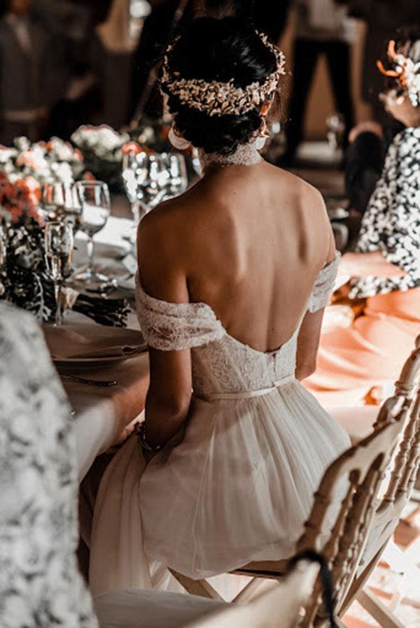 Ivory Lace Off The Shoulder Backless Chiffon Split Wedding Dresses WD511