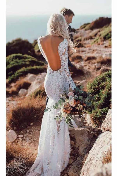 Long Sleeve Lace Wedding Dresses Lace Up Back Beach Wedding Dress – Pgmdress