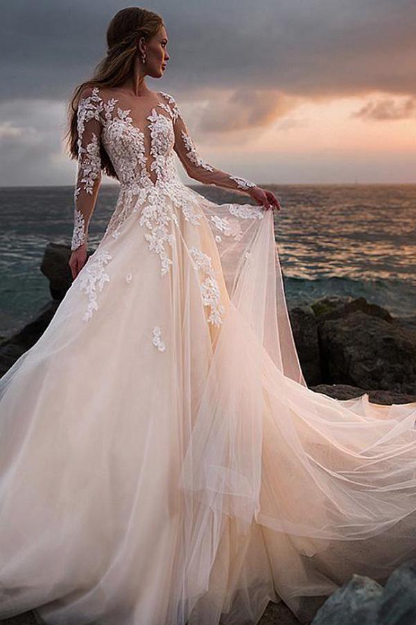 A-line Vintage Lace Wedding Gowns Illusion Neck Wedding Dresses – Pgmdress