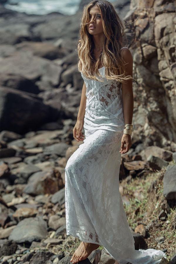 Long Sheath Spaghetti Straps Lace Beach Wedding Dresses – Pgmdress