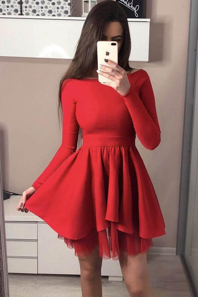 Long Sleeve Homecoming Dresses Off the Shoulder Short Red Prom Dress –  Pgmdress