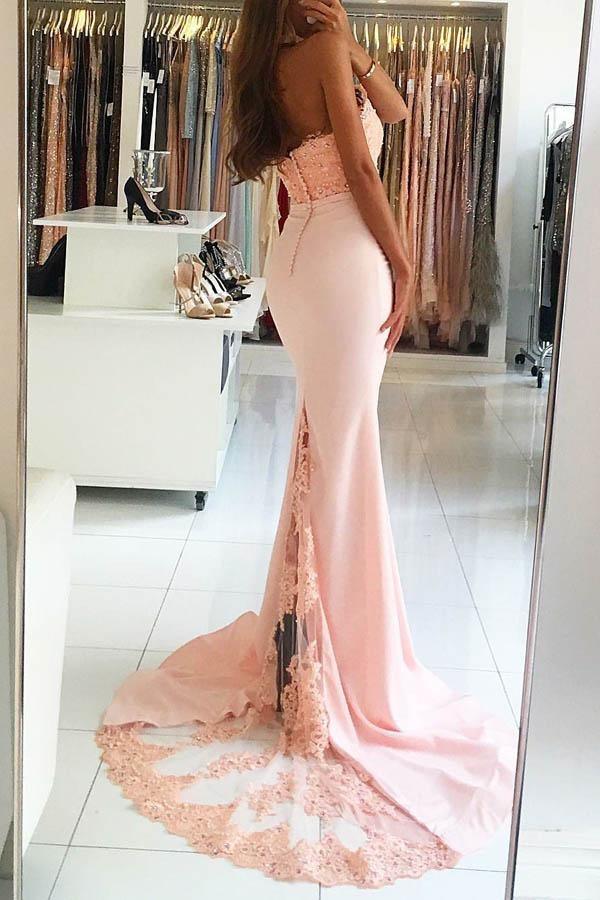 Mermaid High Neck Sweep Train Pink Satin Prom Dress with Beading Lace PG426