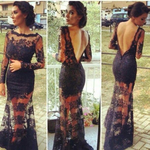 One Shoulder Mermaid Prom Dress Black Lace Long Sleeve Formal Gown